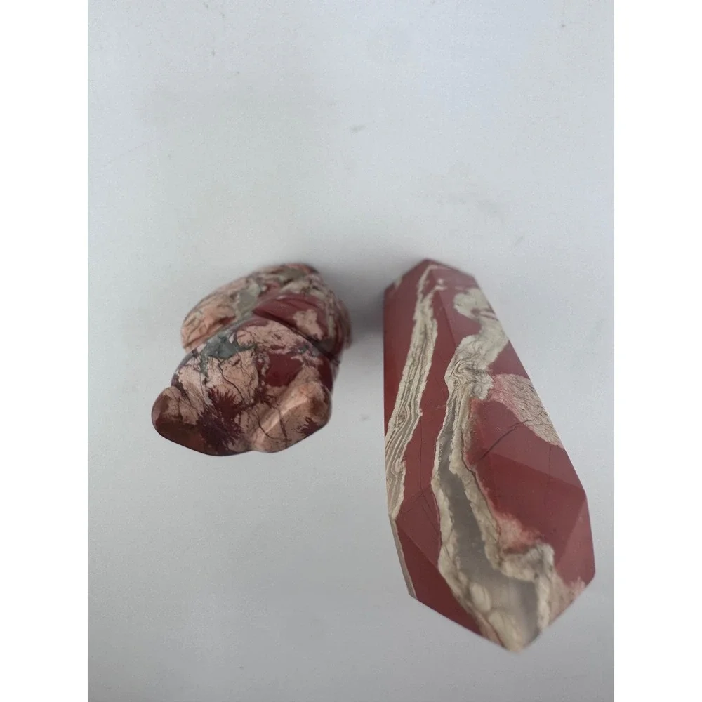 Red Jasper Crystal Set Hand Carved Owl Figurine and Polished Tower Point 2pc